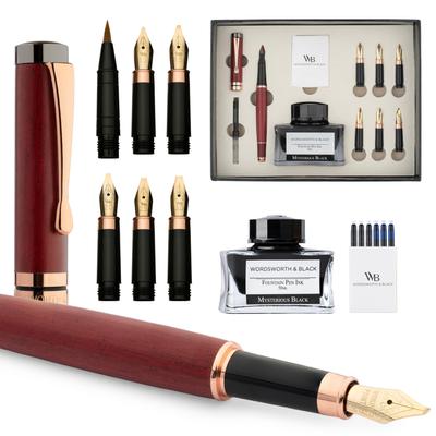 Wordsworth Schwarzer Kalligraphie-Stift Geschenk enthält Tinte 6 Tinten Tinte 6 Ersatz Premium-Bambus Journaling Sanftes Schreibgefühl & Set, Flasche,