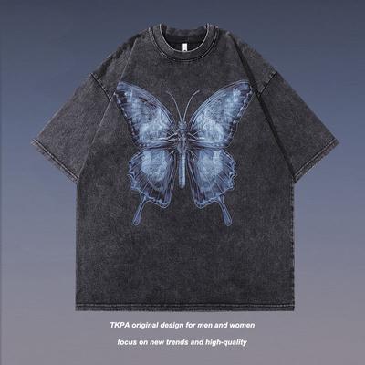 Cotton Butterfly Printed Crew Neck Oversize Men T-shirts Casual Short Sleeves Tops