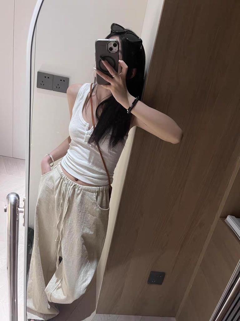 Women's Spring 2026 Ramie Cotton-Linen Wide-Leg Pants with Elastic Waist and Drawstring – Old Money Style, Relaxed Fit
