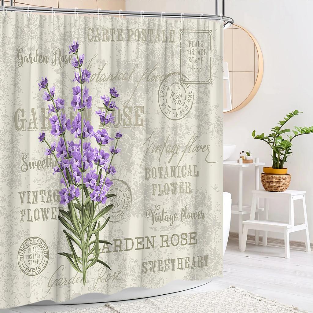 Floral Shower Curtain Purple Lavender Farm Green Leaf Butterfly Rustic Wood Panel Modern Polyester Fabric Bathroom Decor Curtain