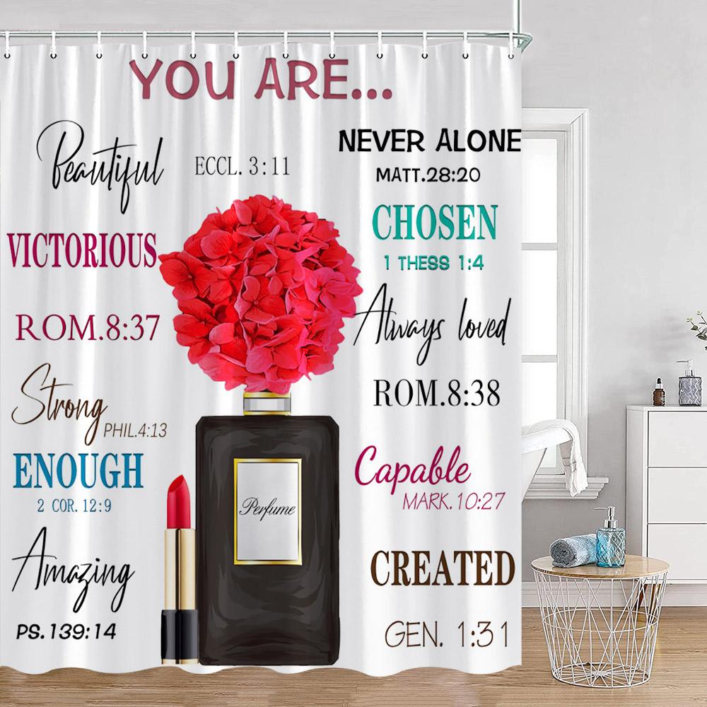 

Pink Perfume Shower Curtains Cosmetic Lipsticks Red Lips Flower Panther Pattern Bathroom Decorations Polyester Bath Curtain 90x180cm-35x70in