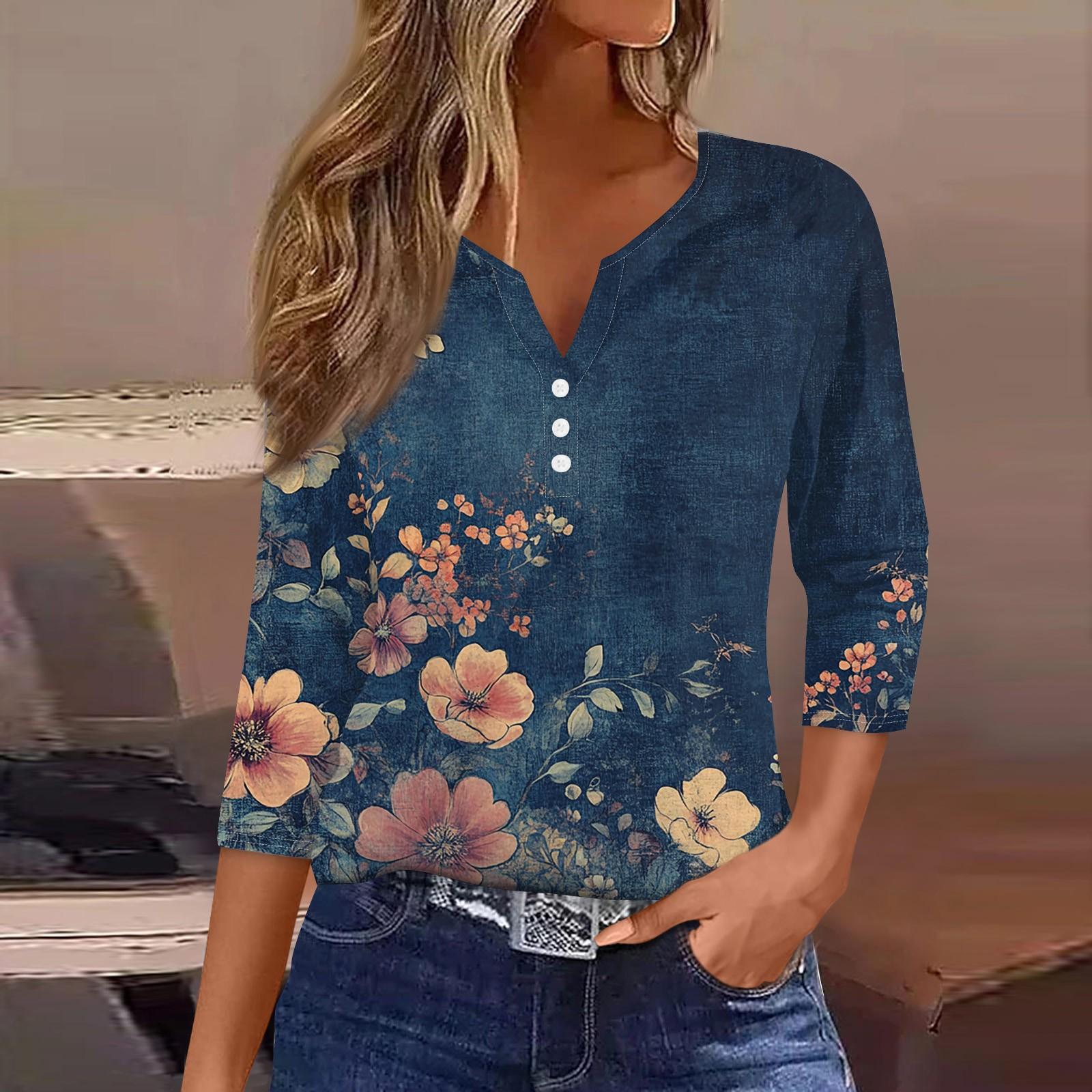

Женская модная повседневная футболка с v-образным вырезом и декоративными пуговицами, рукавом три четверти, с цветочным принтом, топ L темно-синий
