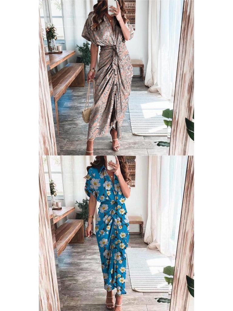 2026 Frühling Elegantes Sexy Bedrucktes V-Ausschnitt Bindeband High-Waist Kleid für Damen
