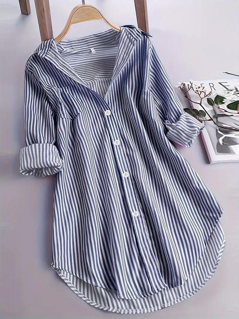 Classic European & American Women's Striped Long Sleeve Casual Top