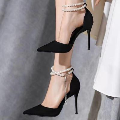 2024 Estate Nuovi Scarpe con Tacco Alto Tacchi Sottili Neri Fiocco di Perle da Damigella d'onore Scarpe Singole da Donna Eleganti con Punta da Donna scarpe da donna