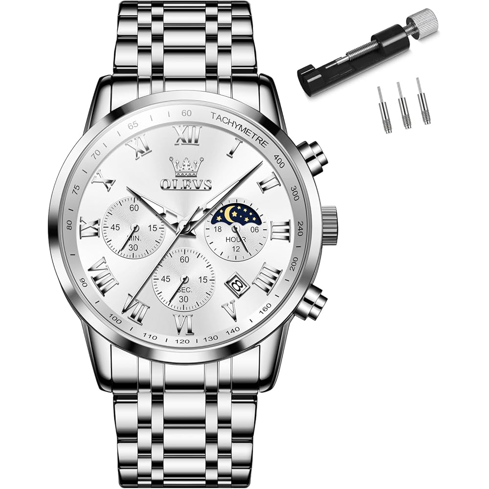 OLEVS Men s Analog Quartz Watch Silver Waterproof Business Metal Band Simple Large Dial