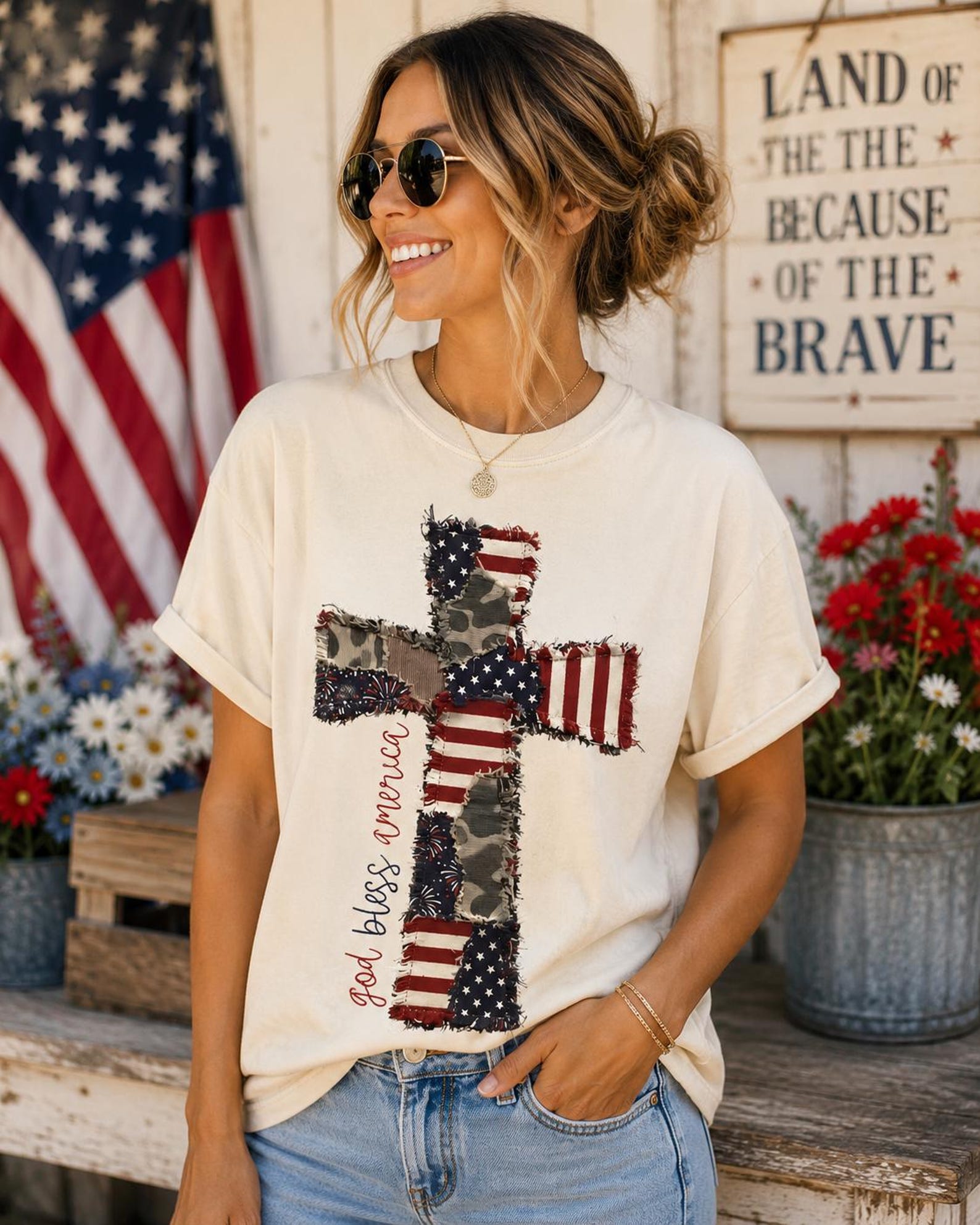 Patriotic Cross T-Shirt, God Bless America, Distressed Flag Patchwork Tee 3XL