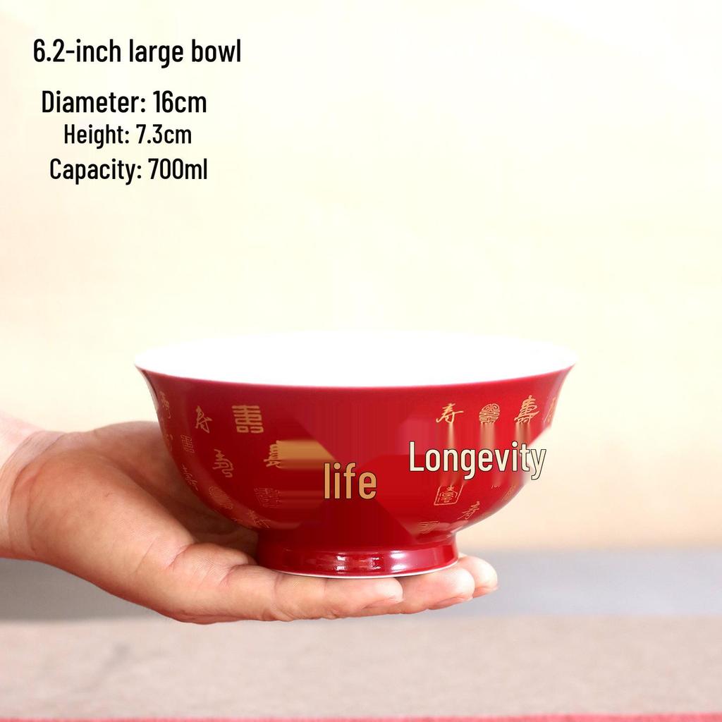 Underglaze Porcelain Longevity Bowl Set with Chopsticks & Spoon - Ideal Gift for Grandma's Birthday