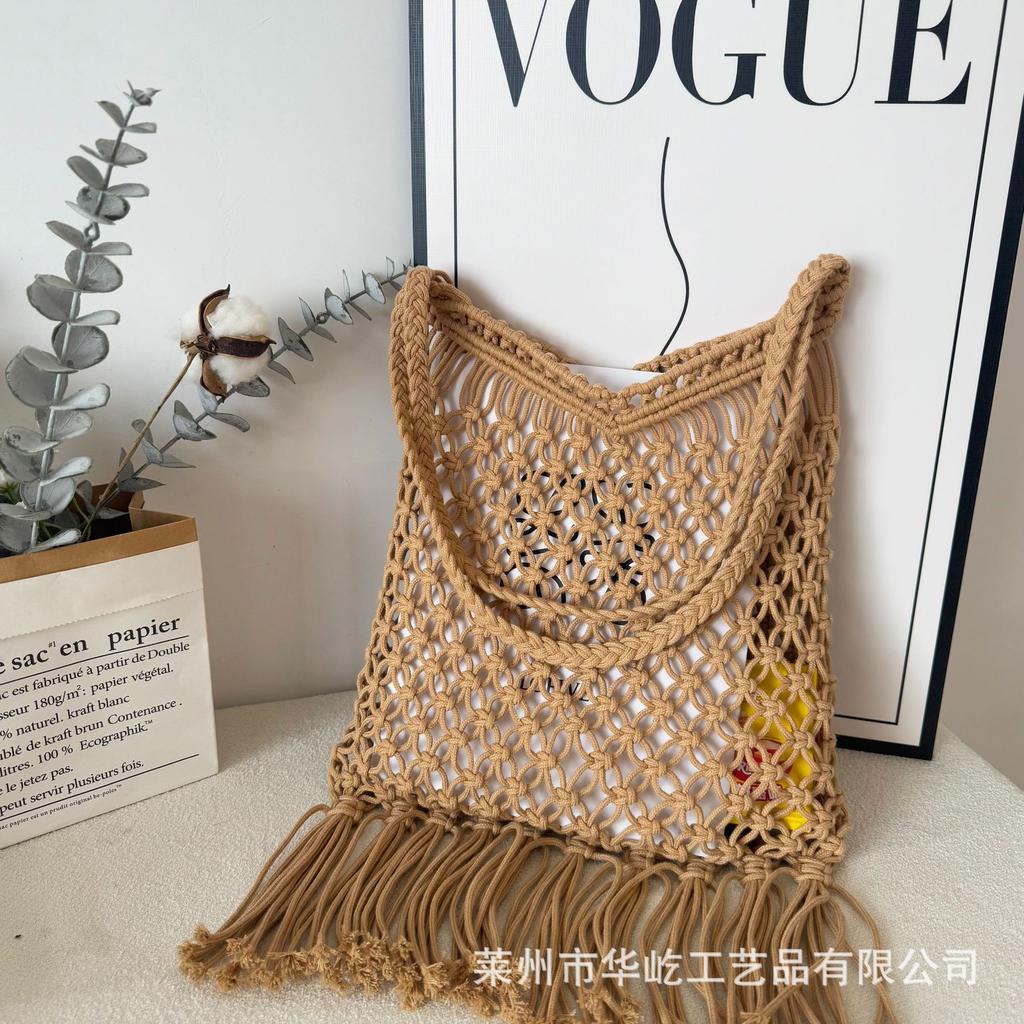 2025 New Hollow Cotton Rope Fringed Hand-woven Fashion Casual Cotton Thread Bag Single Shoulder Oblique Span Women's Bag Beach Bag