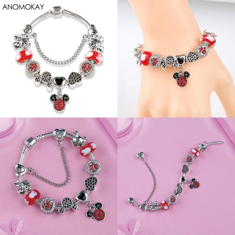 Potdemiel Pink Enamel Crystal Minnie Charm Bracelets Silver Color Heart Cartoon Bead Jewelry for Women Girl Gift