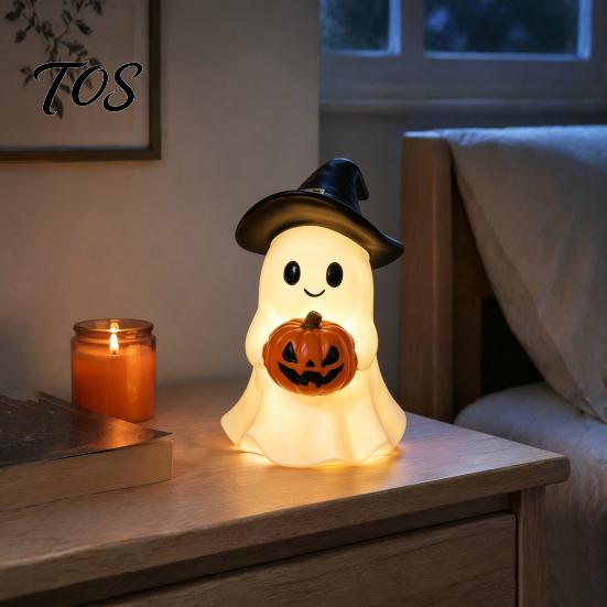 Resin Desktop Ornament Halloween Ghost Figurine, Cute Holding Pumpkin Unique Seasonal Statue for Desk Tabletop Indoor Home Decor Decoration