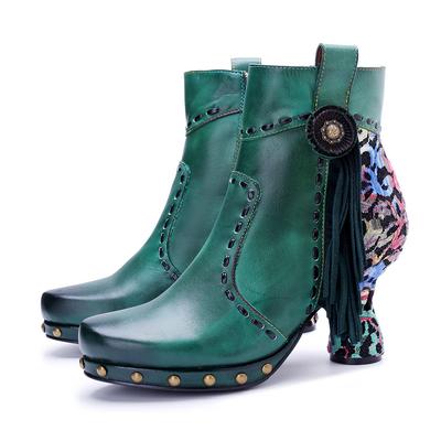 Handgemachte echte Leder Patchwork gedruckt Damen Stiefel Quaste Mode High Heels