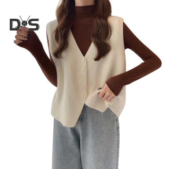 Jesień Zima Damska Kamizelka Dekolt w Serek Zapinana Na Guziki Jednolity Kolor Luźna Dzianina Gruba Utrzymuje Ciepło Bez Rękawów Luźny Sweter Top