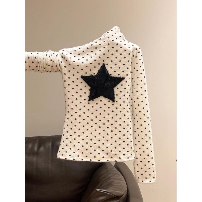 Women s White Polka Dot Star Plush Long Sleeve Turtleneck - Autumn/Winter Base Layer Extra Large белый