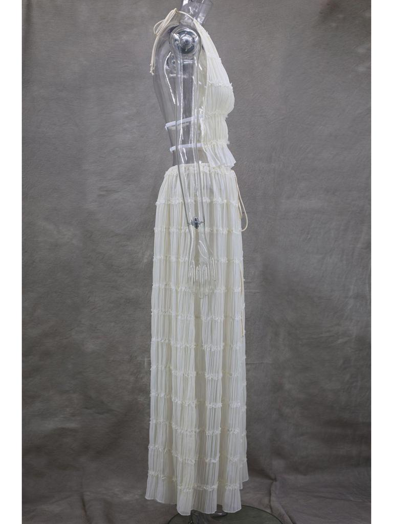 2024 Spring/Summer European & American Fashion Backless Halter Lace Ruffle Maxi Dress Set