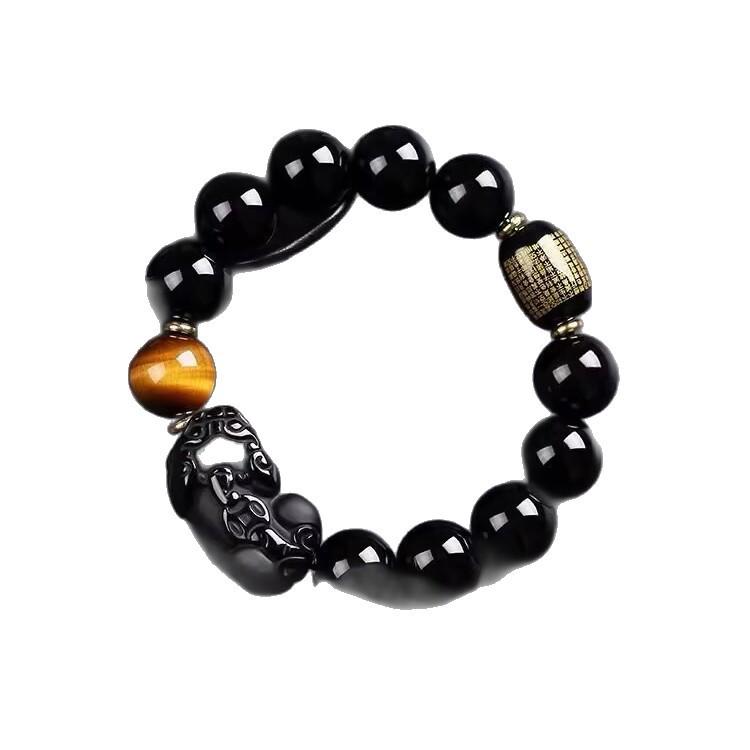 Men's Black Gold Obsidian & Tiger Eye Wealth Bracelet with Heart Sutra Bead