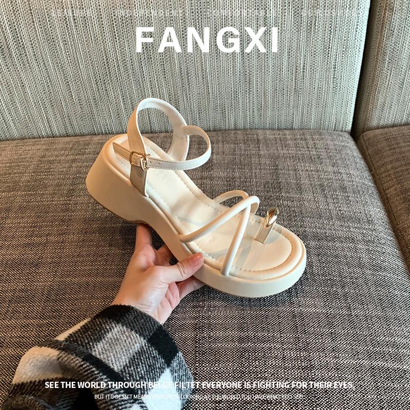 

Sheepskin Roman step on shit cover toe platform sandals women s summer wear cross belt one-word buckle belt muffin cool slippers 35