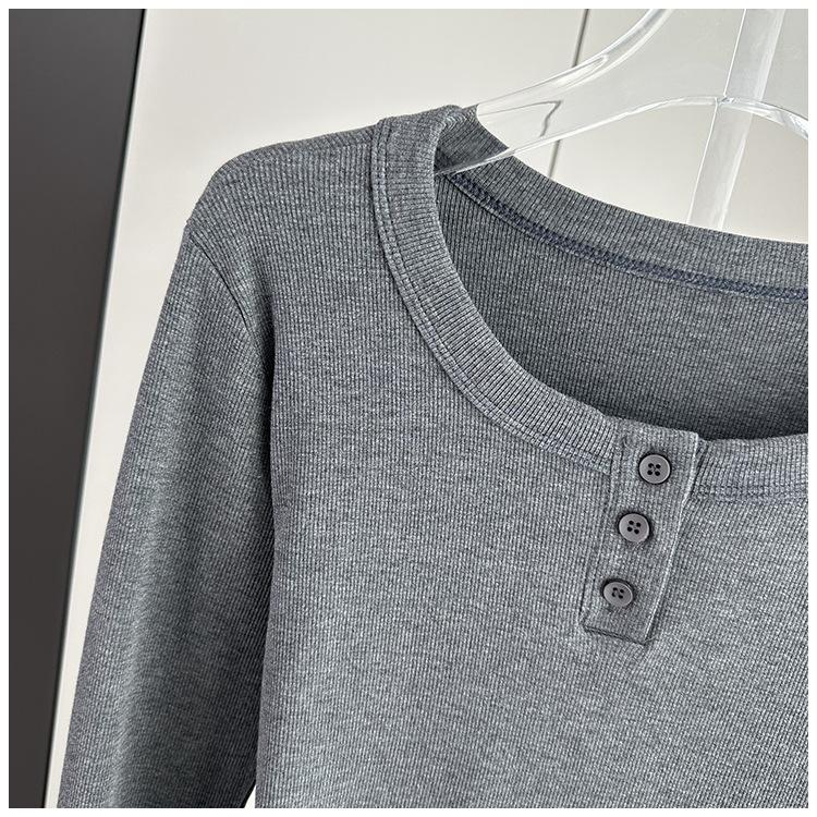 Women Ribbed Round Neck Top Long Sleeve Slim Stretch Inner Outer Basic Daily Wear