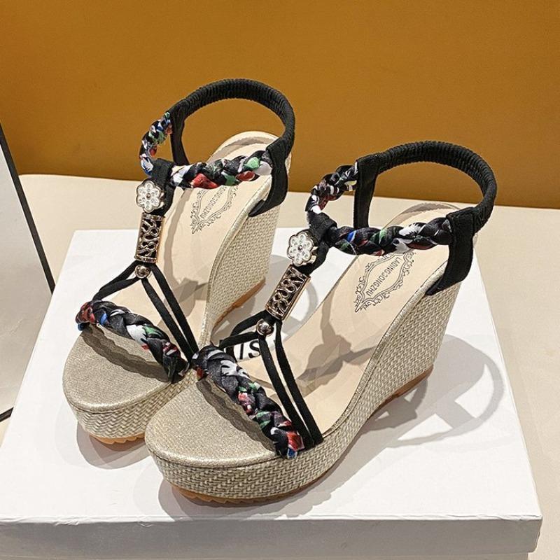 Damen Übergröße Colorblock Gewebte Peep-Toe Plateau-Sandalen, Klobiger Absatz Lässige Sommerschuhe