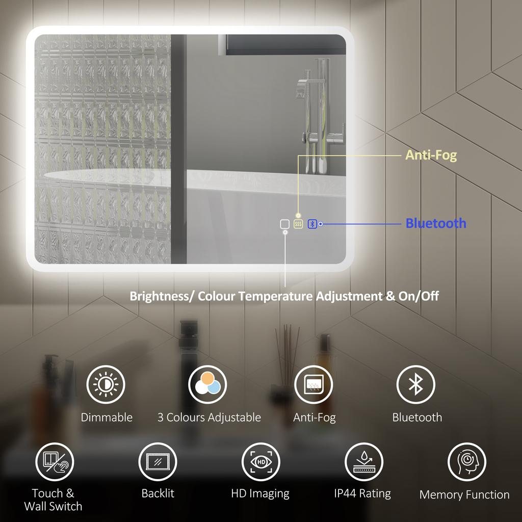 80 X 60cm LED Bathroom Mirror, with Bluetooth - Silver Tone