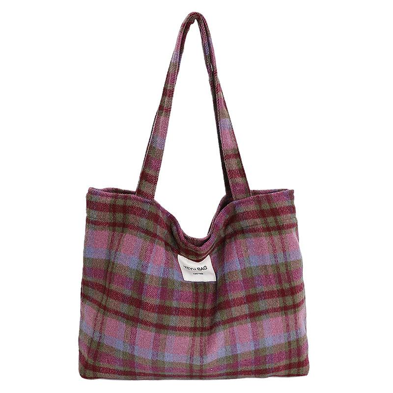 Colored Plaid Women's Woolen Shoulder Bags Vintage Large Capacity Ladies Handle Canvas Tote College Style Girls Book Handbags