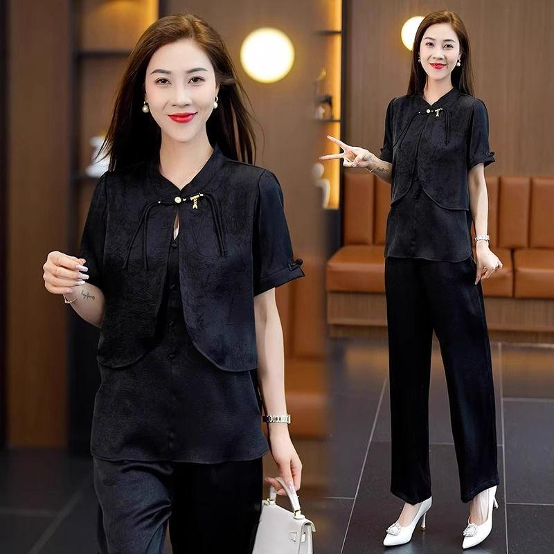 

Летний женский облегающий костюм-двойка 2025: Китайская модная рубашка с коротким рукавом с принтом и брюки с широкими штанинами M for up to 100 jin