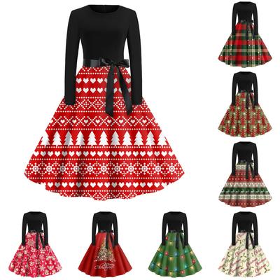 Christmas Print Flare Dress For Women Round Neck Long Sleeve Dress Casual Dresses