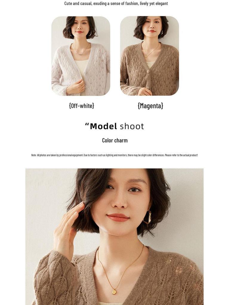 2024 Autumn/Winter Cashmere Cardigan: Button Closure, Leaf Openwork, Loose & Versatile Sweater.