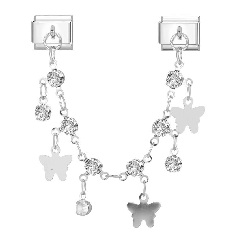 Star Butterfly Heart Zircon Round Pearls Tassel Chain Italian Charm Links Fit 9mm Bracelet Stainless Steel Women DIY Making Gift
