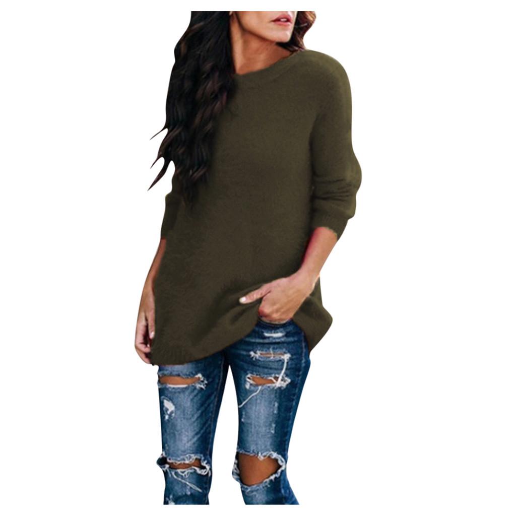 Frauen Damen Mode Winter Plüsch Solide Rundhals Langarm Pullover Bluse