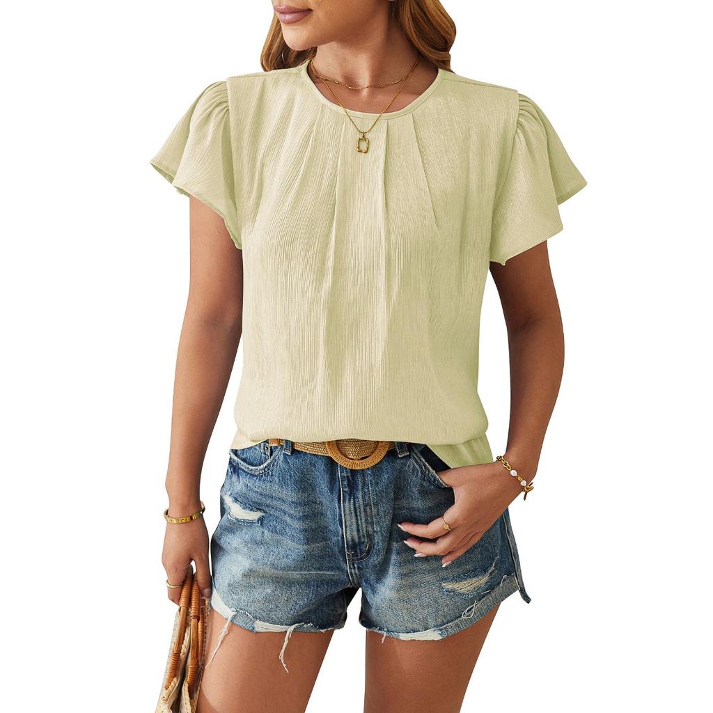 Spring Summer Women's European American Fashion Crew Neck Loose Blouse Shiny Fabric Petal Sleeve Casual Top