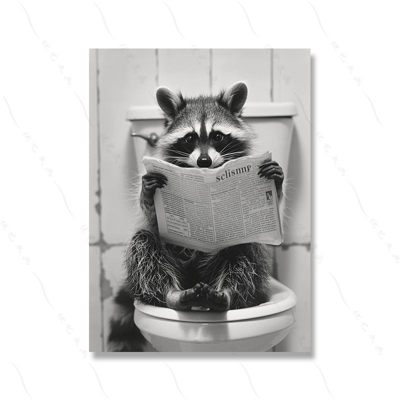 Lindo mapache en el inodoro Pósteres Impresión de Imagen Animal Divertido Blanco y Negro Arte de Pared Pintura en Lienzo para Baño Decoración del Hogar