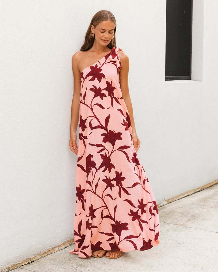 2026 European and American summer new dress, printed diagonal shoulder strap sexy holiday dress S