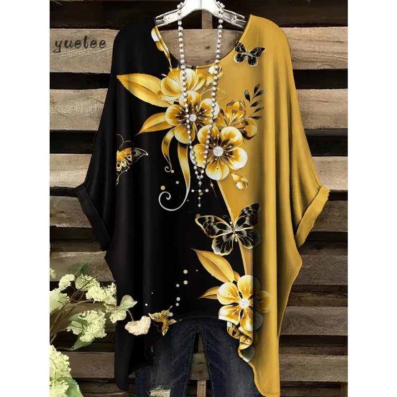 Camiseta para Mujer Estampado Floral Colorido Cuello Redondo Top Dobladillo Irregular Manga Corta Talla Grande Ropa para Mujer Casual al Aire Libre