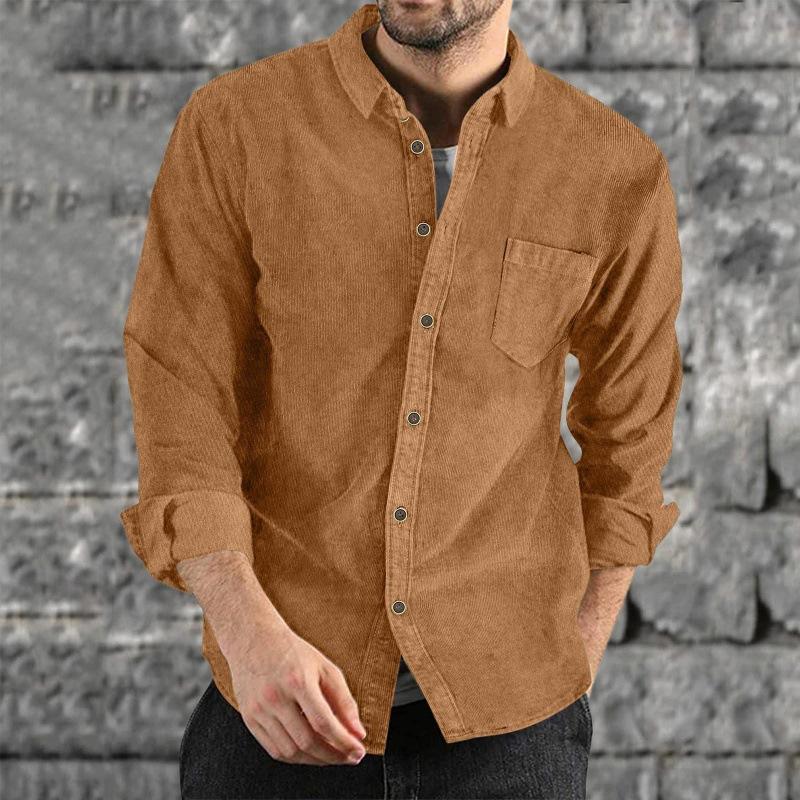 Mens Corduroy Long Sleeve Button Down Casual Loose Shirt