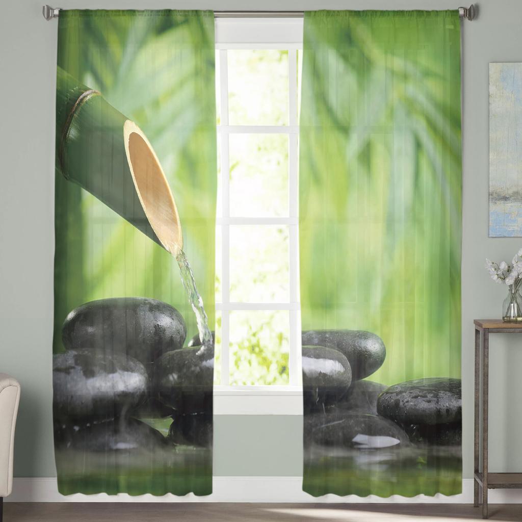 Bamboo Forest Water Stone Zen Tulle Window Treatment Sheer Curtains for Kitchen Living Room the Bedroom Curtains Decoration