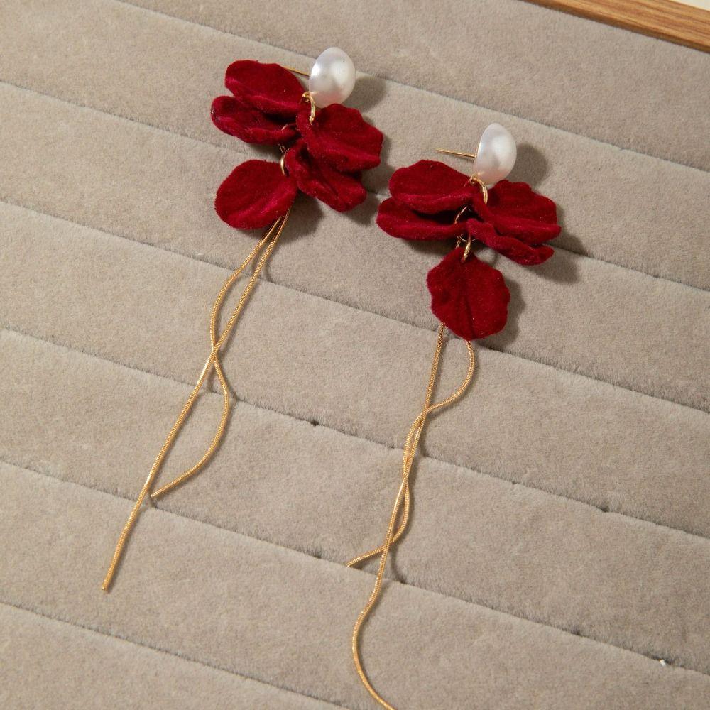 Pearl Wine Red Bow Drop Earrings Bowknot New Year Earrings Exquisite Red Velvet Bow Earrings  Women