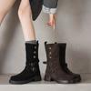 Krazing Pot Cow Suede Round Toe Thick Heels Motorcycle Boots Size 42 Back Zip Women Keep Warm Metal Button Mid-calf Boots