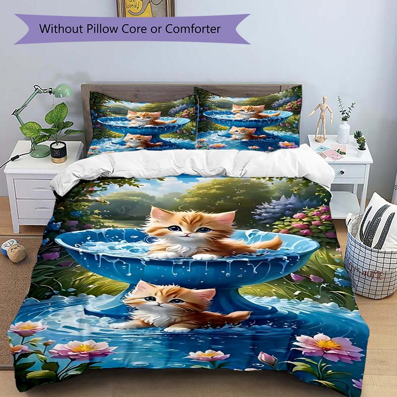 

3pcs Two Cute Kittens Playing in a Water Fountain Quilt Cover Set, Soft and Cozy Bedroom 135x200cm