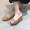 thick-soled slope heel high-heeled rhinestone transparent cool slippers for women's summer wear 2025 new models with skirts and one-word sandals