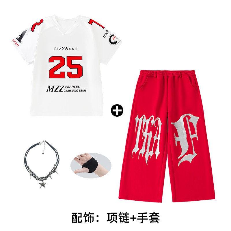 Kids Hip Hop Dance Outfit Set - White Short Sleeve Top Red Pants Boys Girls Stage Performance