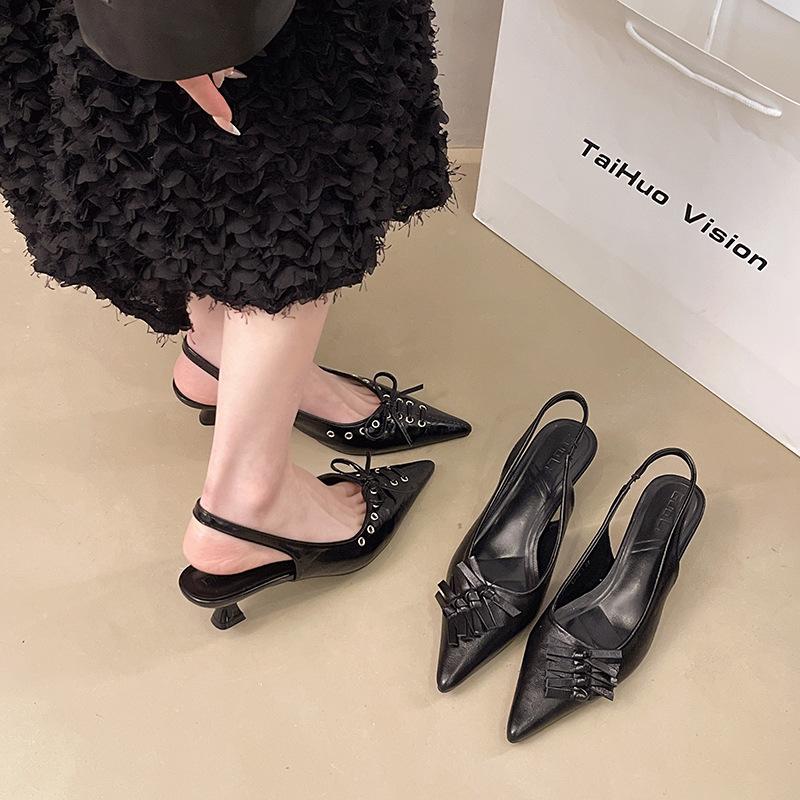 Black High Heels French Bag Head Sandals Fairy Shoes 2025 New Spring and Summer Temperament Socialite Pointed Single Shoes