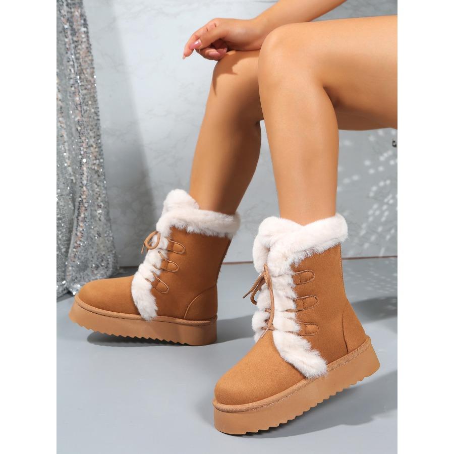 2025 Fall/Winter Women's Snow Boots with Fleece Lining, Thickened Sole, Height-Enhancing Design, Leather & Fur Combination, Cotton-Lined Warm Boots