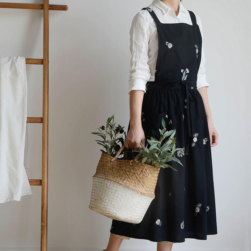 Embroidered Kitchen Cooking Apron X-Back Household Work Apron  Restaurant Use