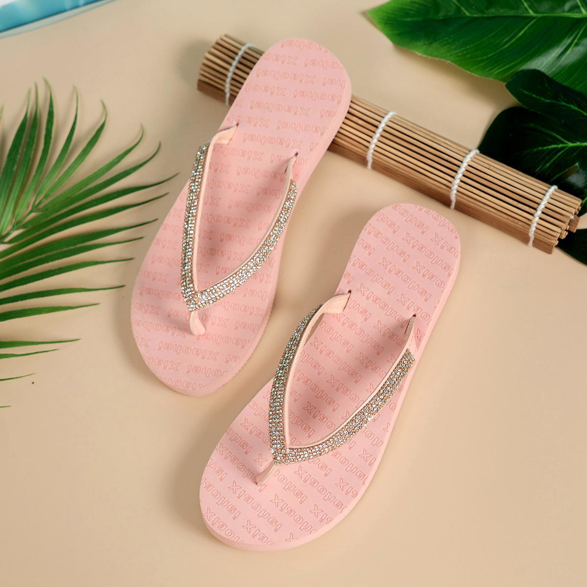 

Тапочки женские летние сандалии со стразами женская мода приморский пляж дышащие шлепанцы на плоской подошве обувь нескользящая 41 розовый
