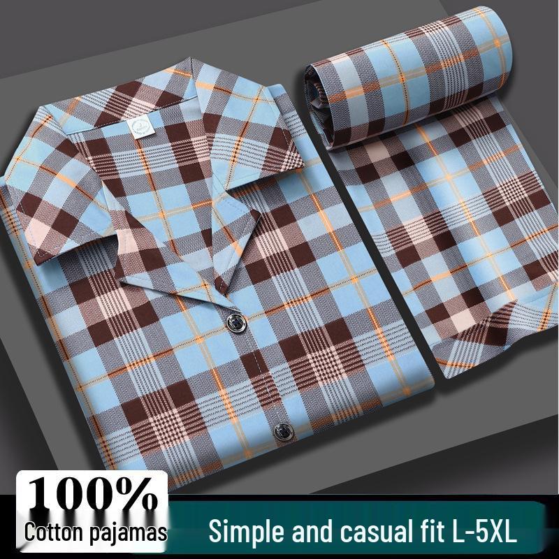 Men's Plus Size Summer Cotton Pajama Set - Short Sleeve Top and Long Pants for Middle-Aged Dads