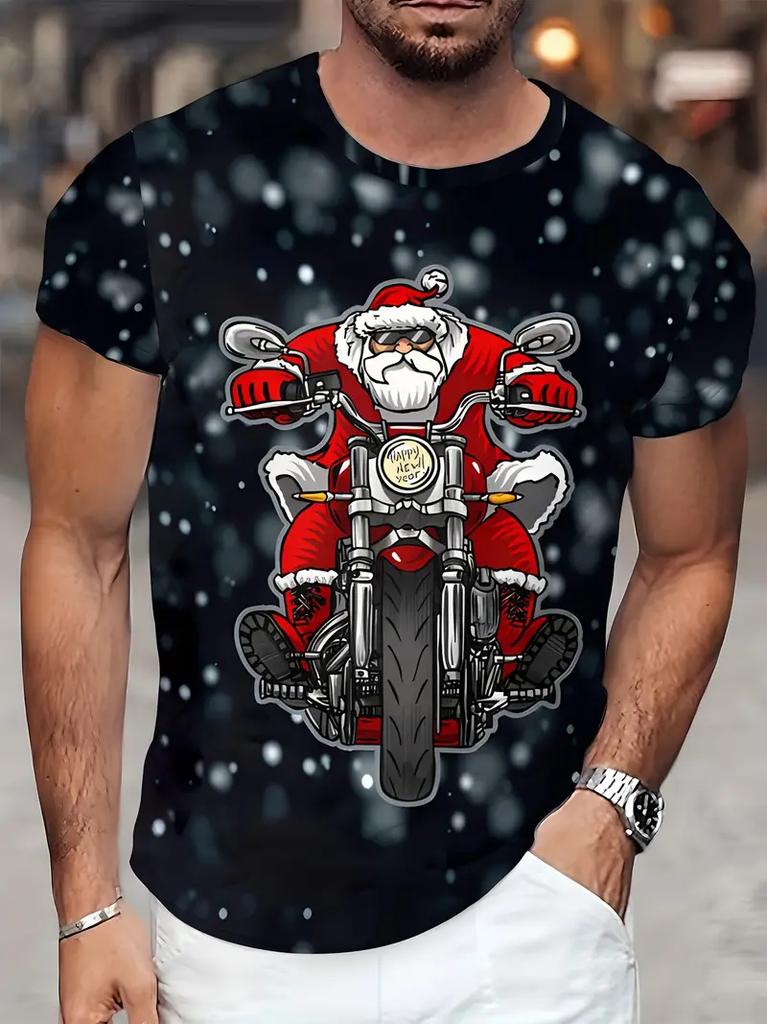 New Funny Men's T-Shirt Christmas New Year Fashion Santa Claus And The Motorcycle Pattern Printed T-Shirt Men's Fashion Tee Tops