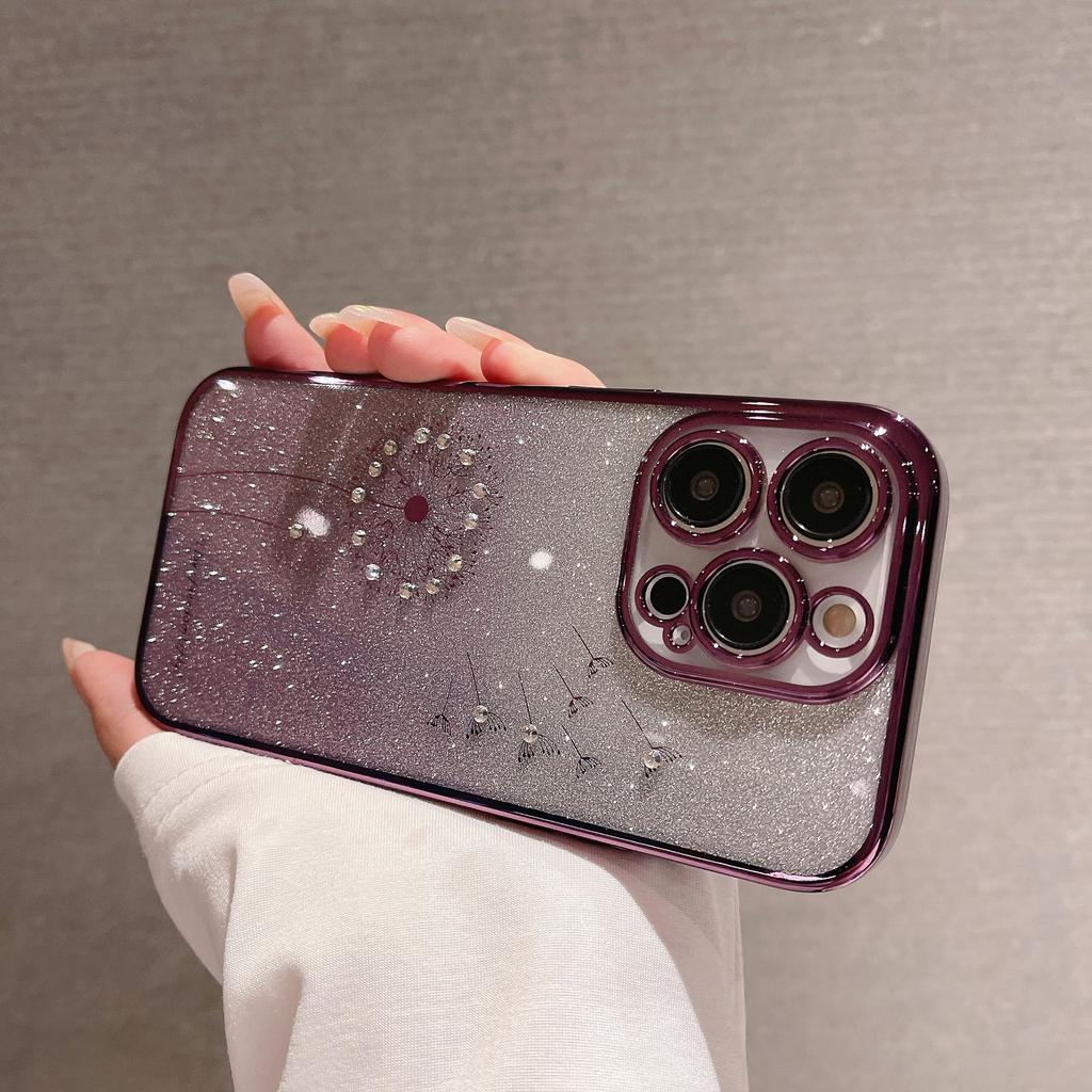 Suitable for IPhone16 Cases with Gradient Glitter, 15 Electroplated Dandelion Dot Diamond, and Transparent Tpu Soft for Apple 14pro