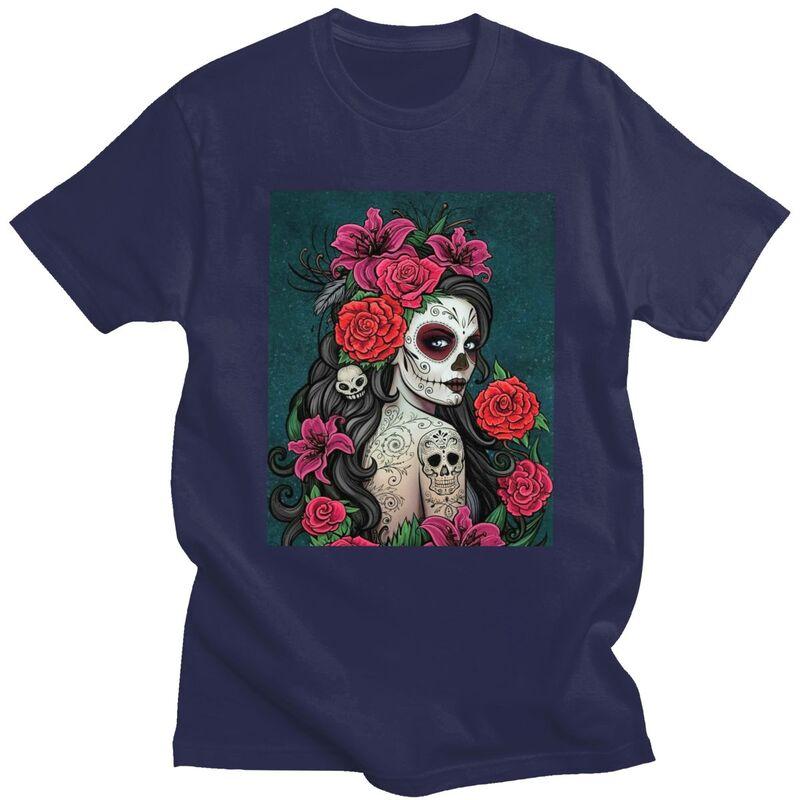 Custom Mexican Catrina Sugar Skull Lady Tshirts for Men Short Sleeve Casual T Shirt Tshirt Pure Cotton Tee Gift