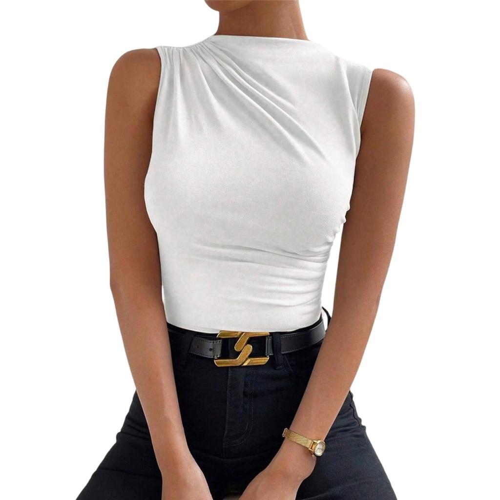 Sleeveless Tops For Women Casual Mock Neck Slim Fitted Ruched Shirts High Neck Summer Shirt Tops